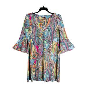 Tommy Hilfiger Shift Dress Women’s Size 16 Paisley Print Bell Sleeves Artsy
